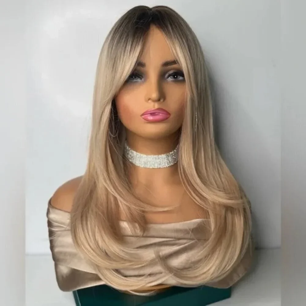 Beautiful 24 Inch Straight Blonde Layered hair Wig With Curtain Bangs Dark Roots